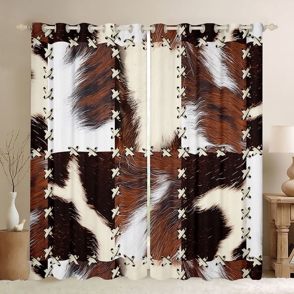 Homewish Farmhouse Cow Print Boy Girl Black Out Curtains,Geometric Plaid Grid Curtains Pack of 2 (42x63 Each),Animal Print Patchwork Bedroom Curtains,Super Cozy Room Decor