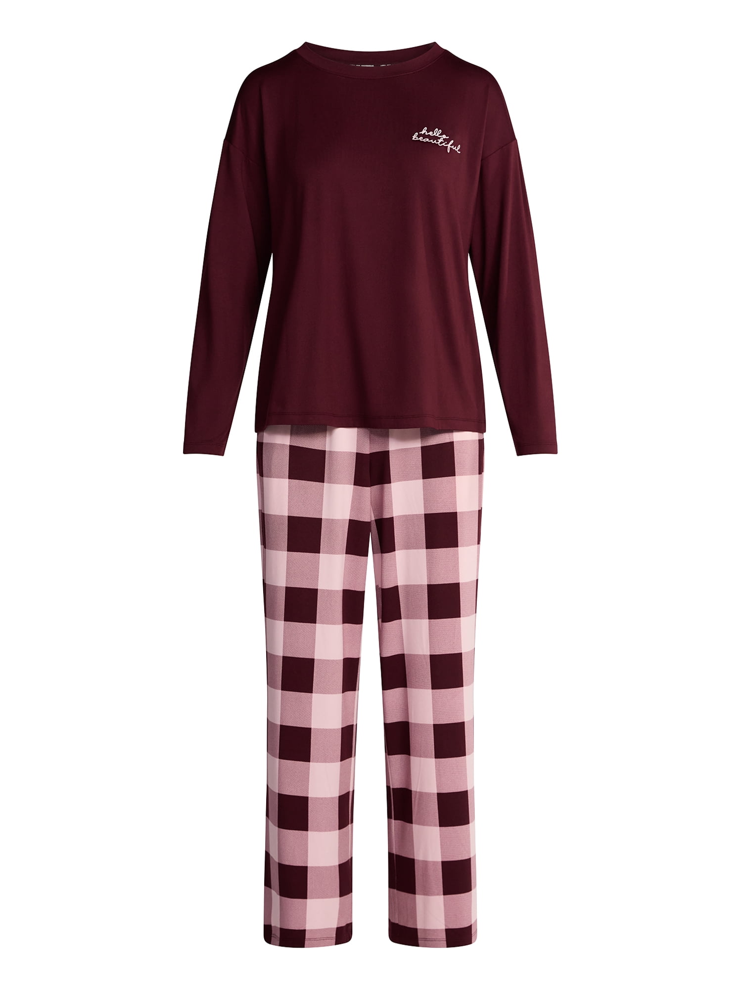 Joyspun Women's Dreamy Soft Collection Long Sleeve Sleep Top and Straight Leg Pants Pajama Set, 2-Piece, Sizes XS-3X
