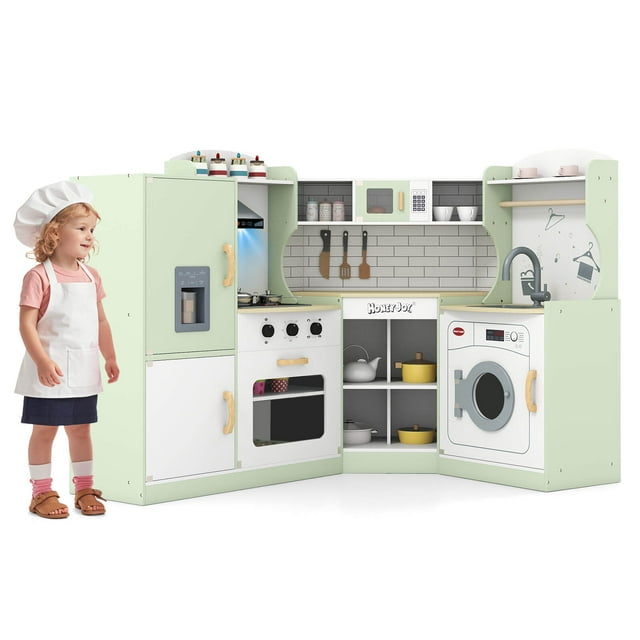 Honeyjoy Corner Play Kitchen Toddler Kitchen Playset with Range Hood, Ice Maker, Microwave Green