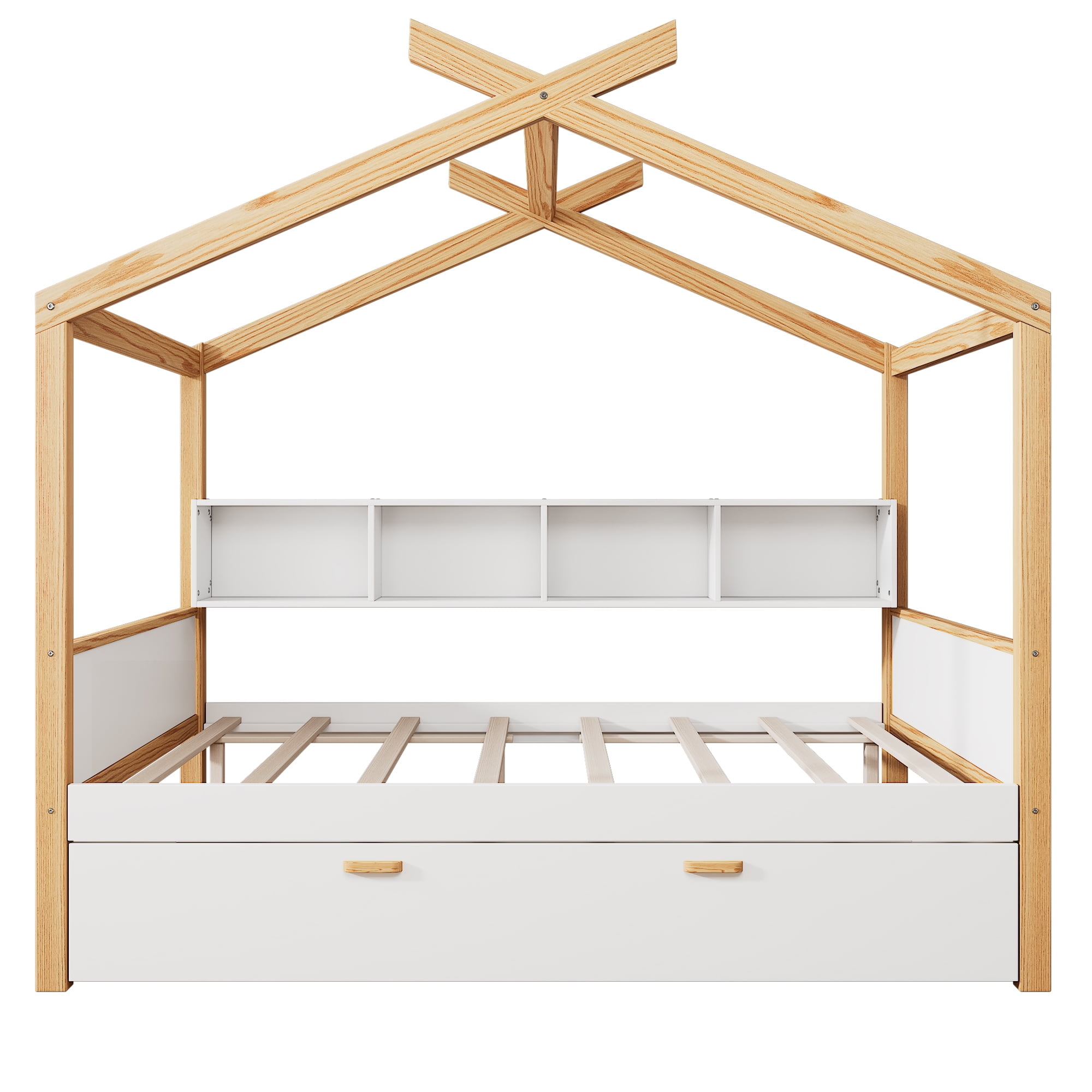 Euroco Wood Full Size House Bed with Bookcase and Drawers, White