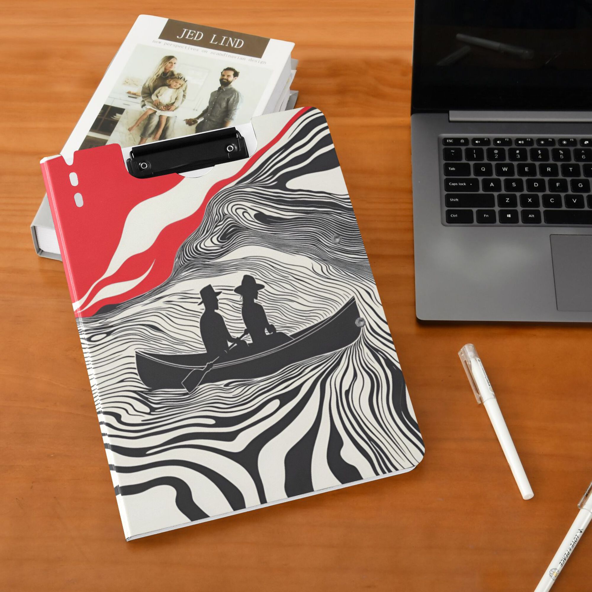FORMRS A4 Clipboard Folder with Pen Holder Horizontal Foldable School Office Binder, Black Illusionary Boat