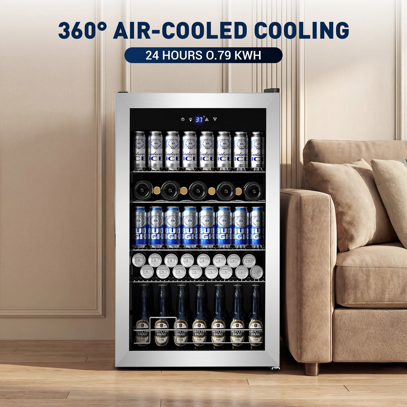 TITTLA Mini Fridge 150 Can Beverage Refrigerator and 9 bottles,with Adjustable Removable Shelves Glass Door, for Soda Wine Beer ,Silver