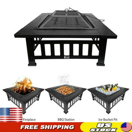 Hottest 32" Fire Pit Outdoor Patio Square Metal Heater Deck Firepit Backyard Garden Home Stove Burning Fireplace w/Spark Screen,Poker,Cover,Grill
