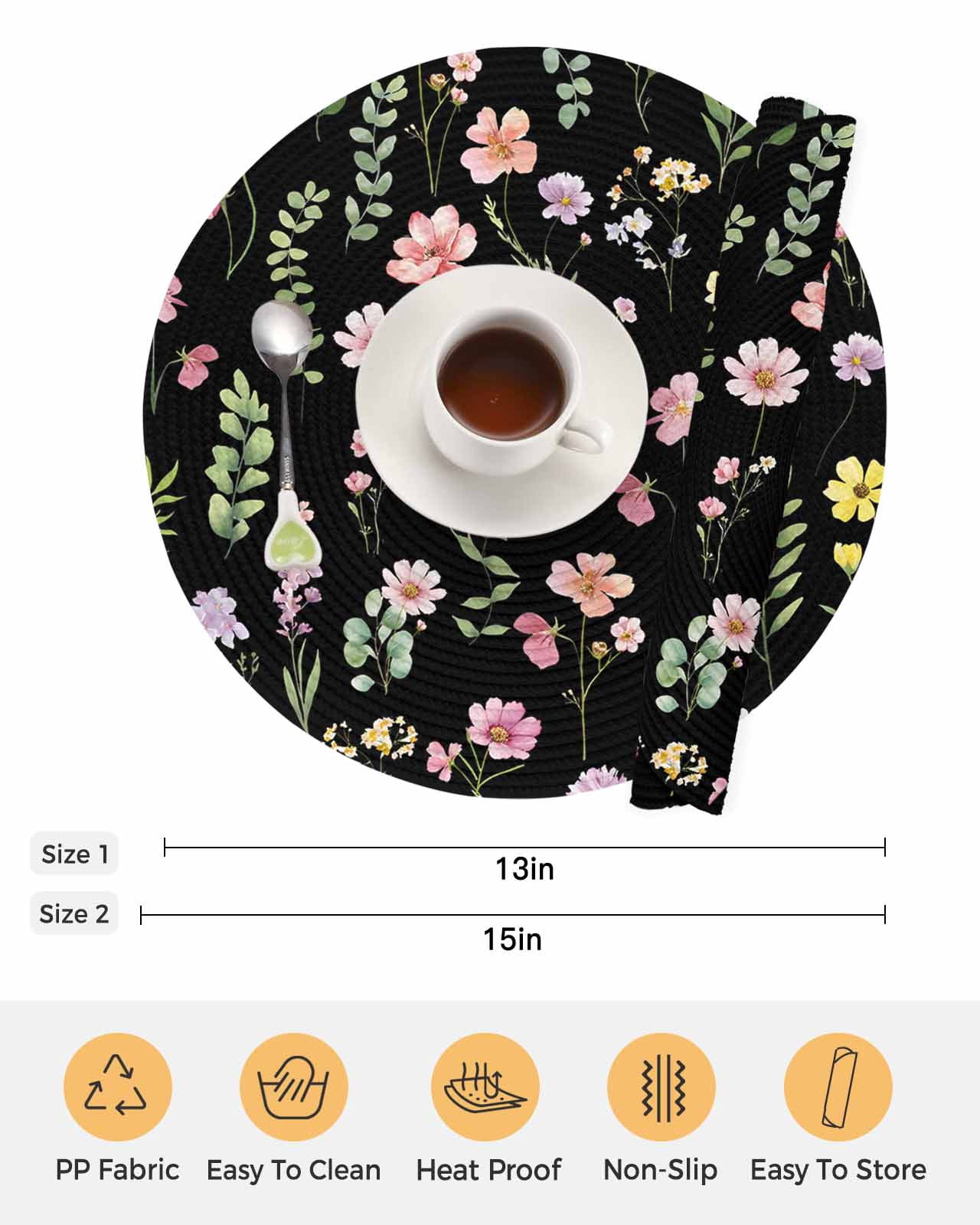 13 Inch Round Placemats Set of 4, Pink Spring Floral Non Slip Heat Insulation PP Table Mats, Flowers Botanical Elegant Pastoral Black Washable Place Mats for Kitchen Dining Party Table Decor