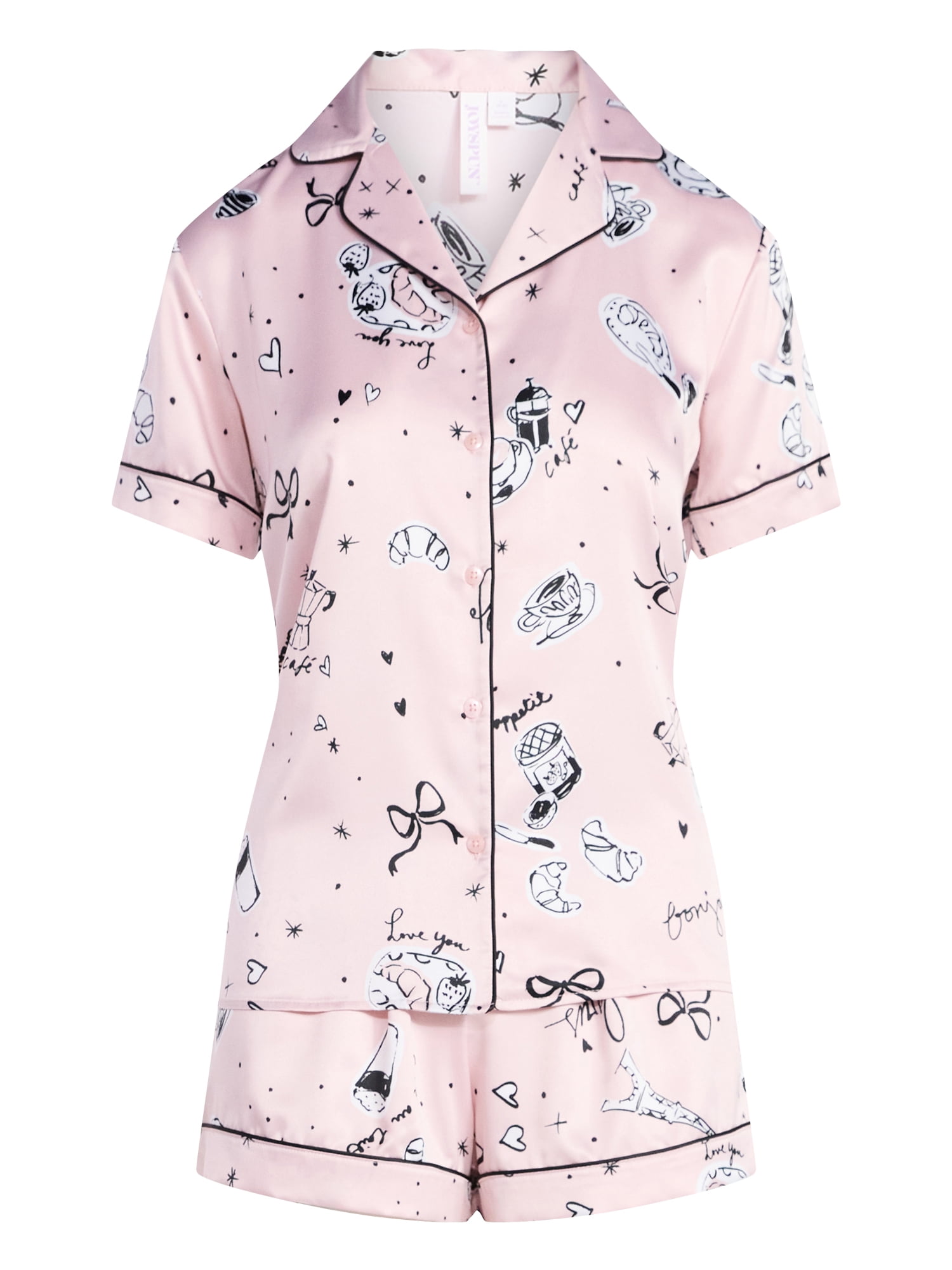 Joyspun Women’s Stretch Satin Short Sleeve Top and Shorts Pajama Set, Sizes XS-3X