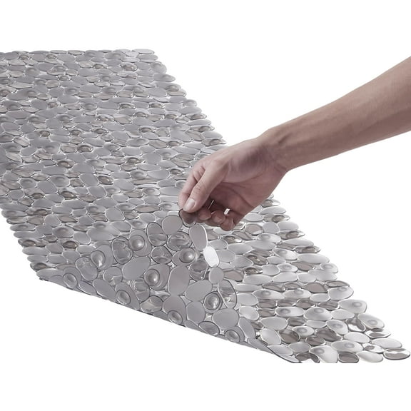 Extra Large Non-Slip Bath Mat for Families, Pebble Shower Mat with Strong Suction Cups, Drain Holes for Bathtub, Stall, Easy Clean, Machine Washable, 16x40 Inch Clear Gray