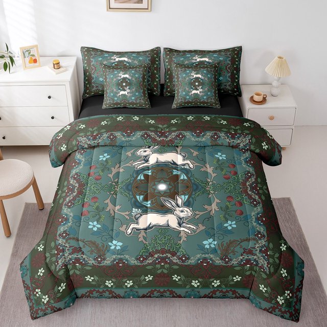 Erosebridal Wildlife Rabbit Bedding Queen Size,Hippie Bohemian Comforter Sets with Sheets,Lightweight Reversible Bedding Sets Queen Size,Boho Decoration,7 Pieces