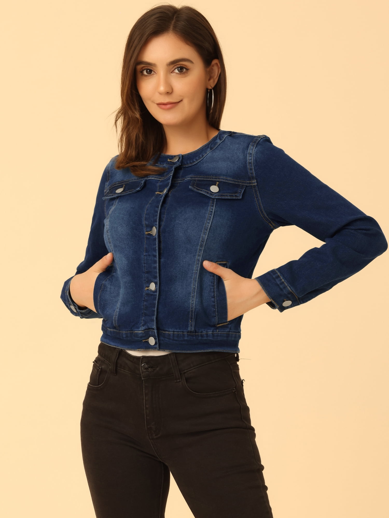 DARING DIVA Women's Button Down Collarless Cropped Denim Jacket S Deep Blue