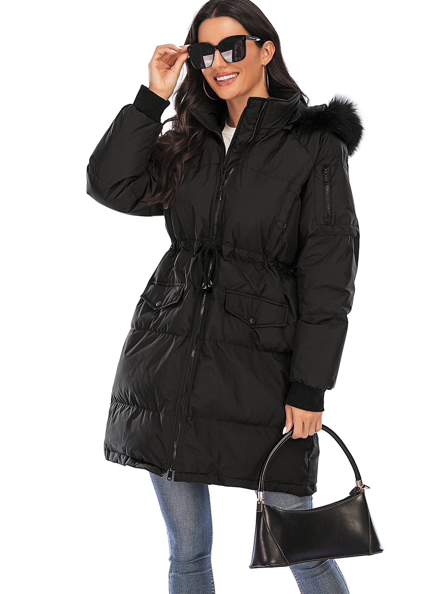 GUESS Womens Knee Length Heavy Puffer Coat with Faux Fur Trimmed Hood