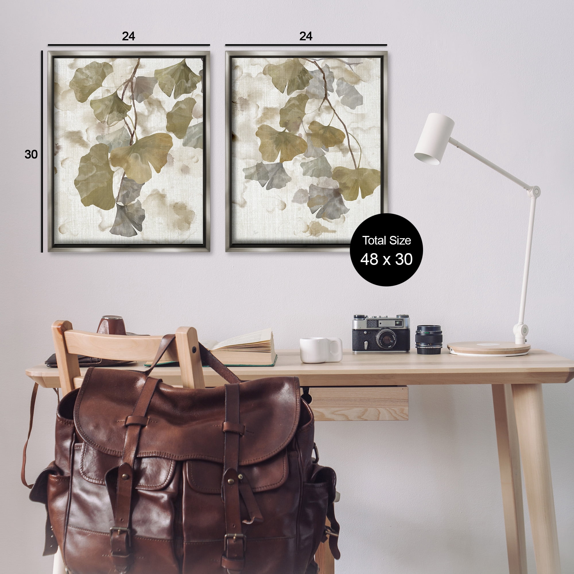 Stupell Industries Rustic Gingko Leaves Botanical & Floral Painting Gray Floater Framed Canvas Art Print Wall Art, 25 x 31, Set of 2