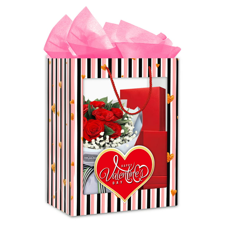 WaaHome Happy Valentines Day Gift Bag with Handle 13''x10.5''x5.8'' Large  Red Rose Gift Bags with Tissue Paper, Romantic Valentines Gift Bags for Her