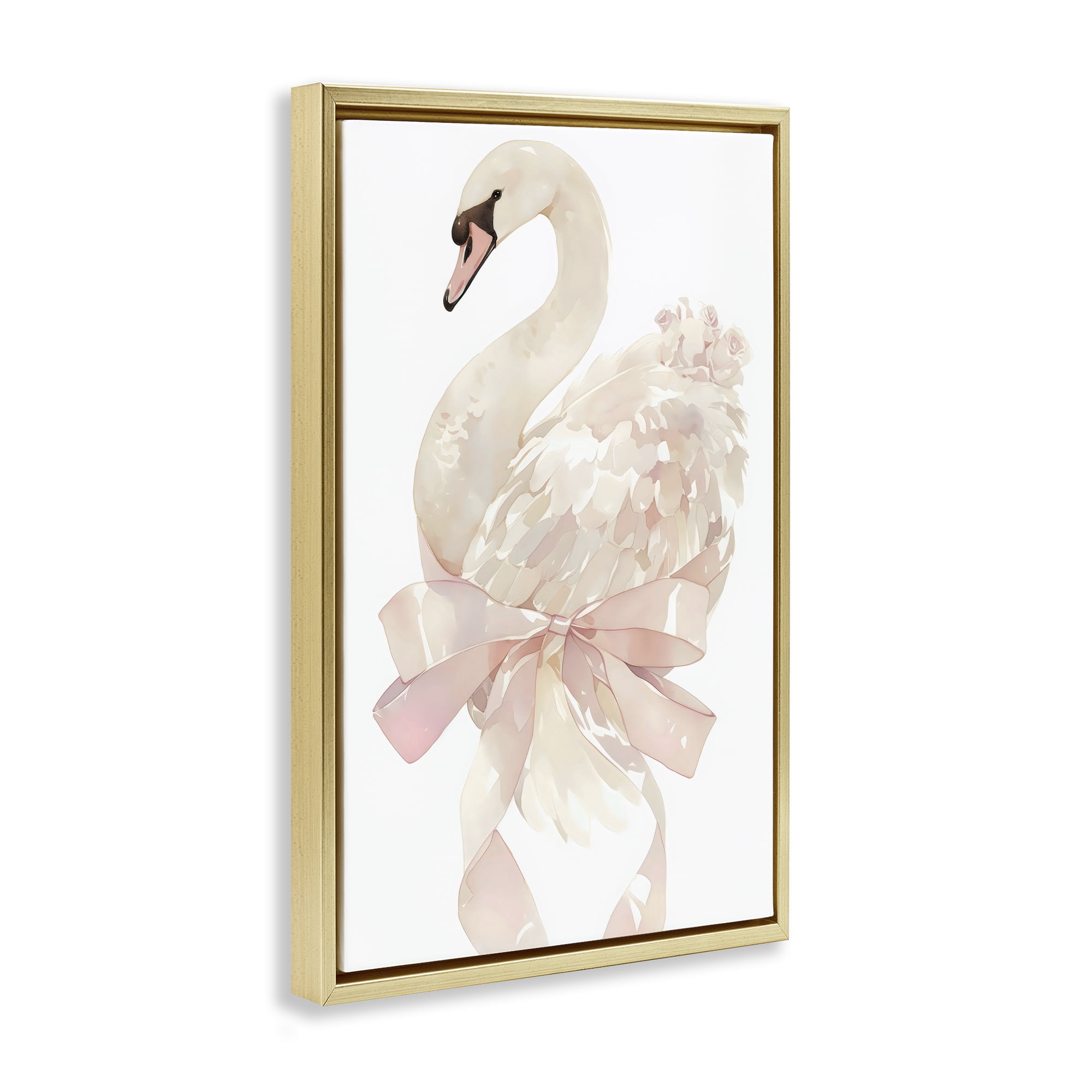 Stupell Industries Coquette Swan with Bow Gold Framed Floater Canvas Wall Art, design by Creative Studio