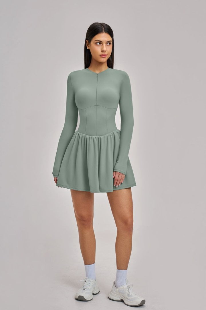 PISONIC Women Tennis Dress Long Sleeve Athletic Outfit with Built in Shorts Mini Golf Workout Dress with Pockets