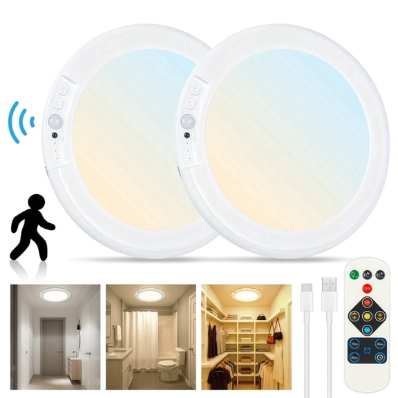 2-Pack Wireless Ceiling Light, Motion Sensor No Wiring, Rechargeable Dimmable with Remote for Garage Stairs Closet