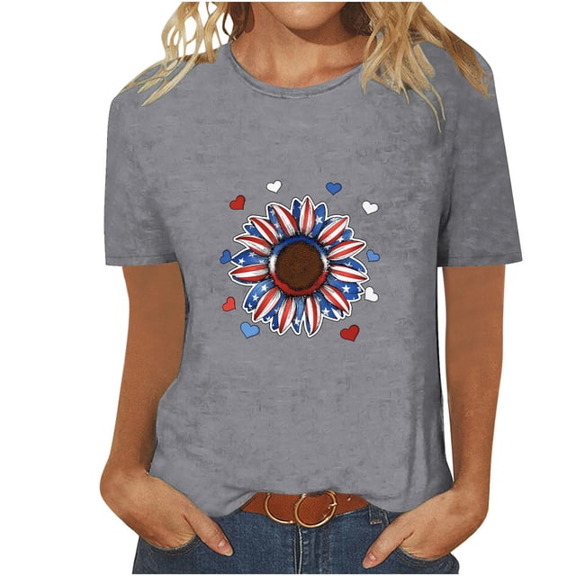 Tops Cortos para Mujeres Día de la Independencia Patriótica Impreso Cuello Redondo, Camiseta de Manga Corta Casual para la Primavera, Verano Y Fiesta