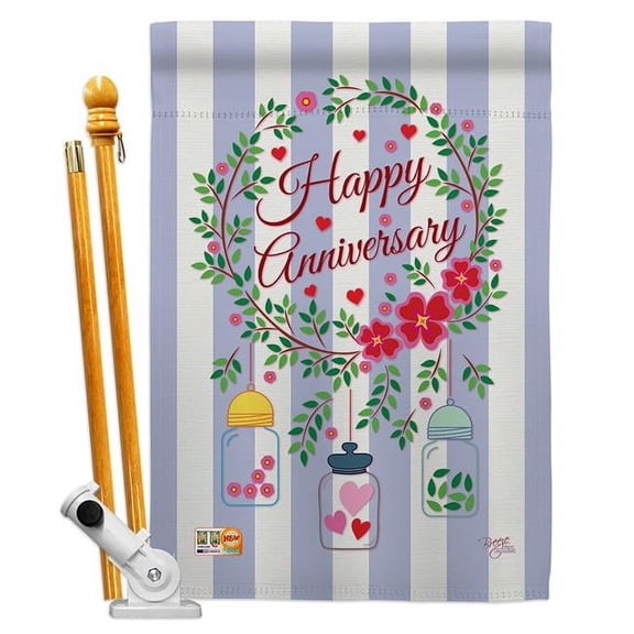 Breeze Decor BD-FY-HS-115103-IP-BO-D-US15-BD 28 x 40 in. Happy Anniversary Special Occasion Family Impressions Decorative Vertical Double Sided House Flag Set with Pole Bracket & Hardware