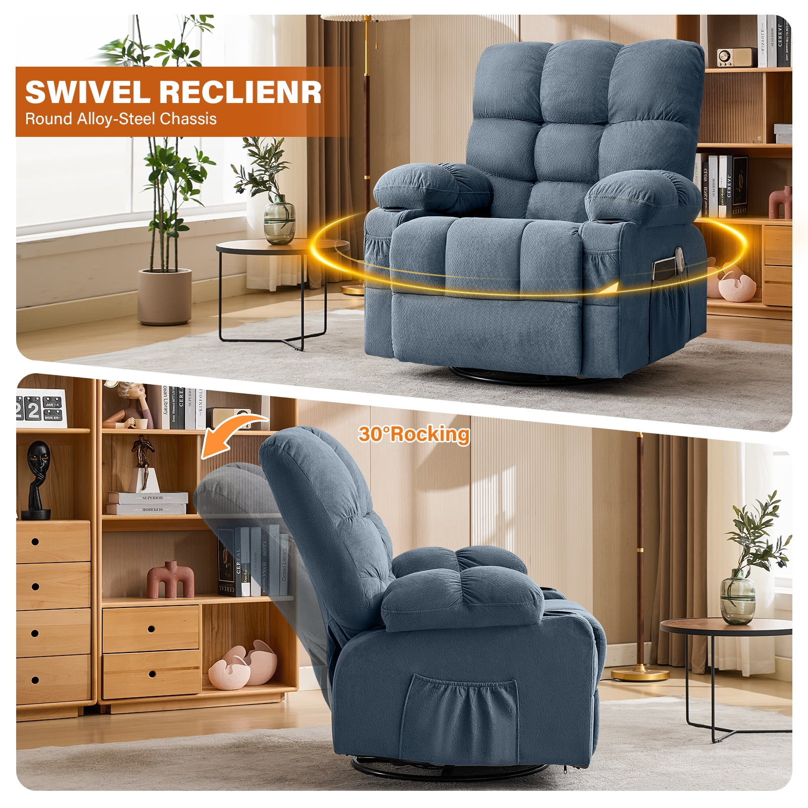 Alvantor Swivel Rocker Recliner Chair with Massage & Heat Single Rocker Sofa with Cup Holders for Bedroom Home Theater Blue