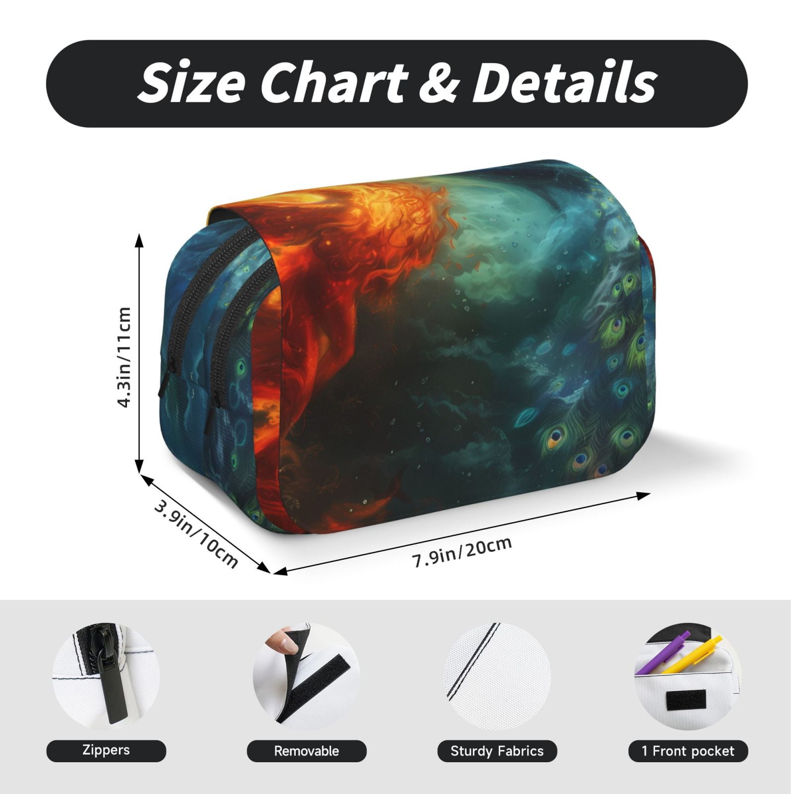 Rateoe Red And Blue Fire Peacock Pattern Double Clamshell Pen Case, Storage Organizer with Two Zipper Compartments– Holds Up to 50 Pencils & Pens