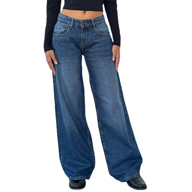 FOCUSNORM Women's Spring Summer Denim Pants Low Waist Wide Leg Trousers with Multi Pockets