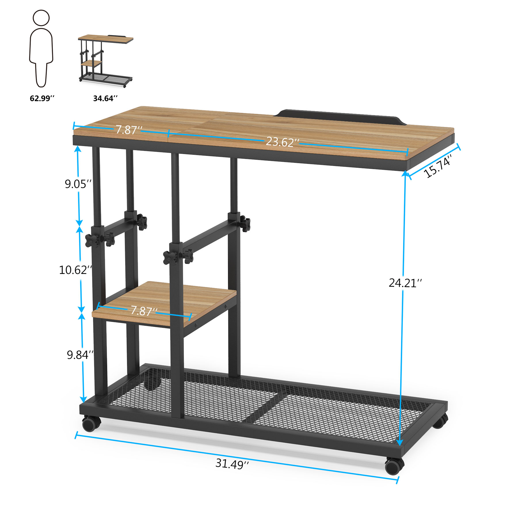 Fnova Mobile Side Table with Wheels, Snack Tray, Height-Adjustable C-Shape Desk, Tiltable Drawing Board, Laptop Stand, Storage Shelves for Living Room, Bedside Table for Couch