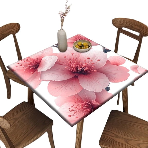 Square Elastic Fitted Tablecloths, Pink Flower Pattern Printed on Fade Resistant Stretchy Table Cover, Great for Cafes & Offices, Fit for 32" x 32" Square Tables