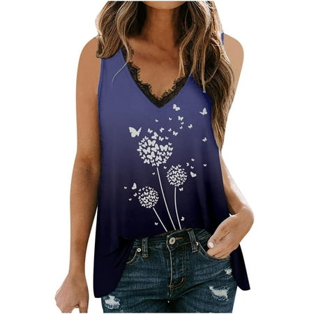 

Womens Tops Clearance under $10 Juniors Sleeveless Bustier Gradient Butterfly Dandelion Flower Top Camisole V Neck Lace Cami Tank Warm Bustier LC
