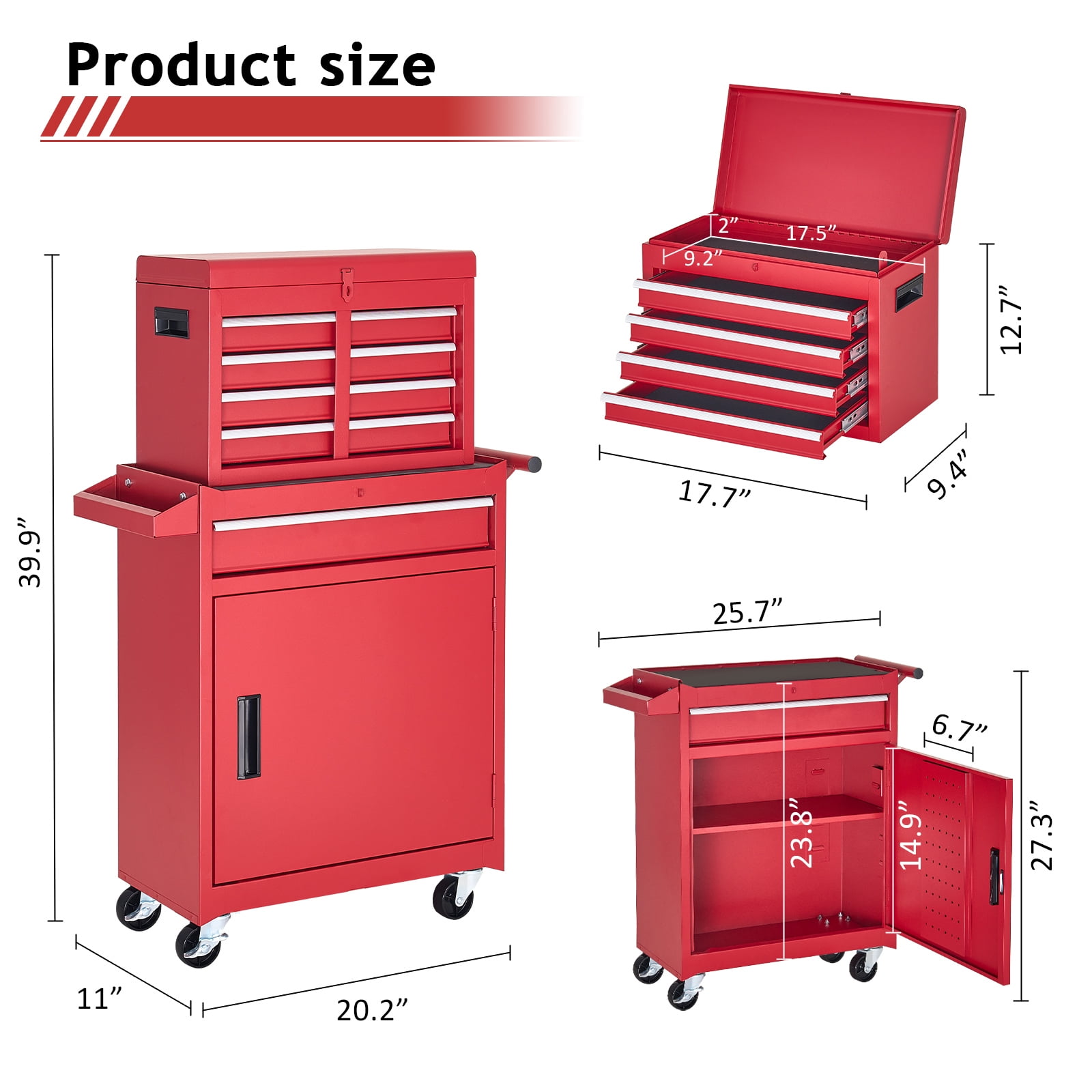 NETAJE Metal Tool Chest,2 in 1 Steel Rolling Tool Box & Cabinet On Wheels for Garage,Detachable Top Tool Box and Lockable Wheels Metal Tool Cart for Garage,5-Drawer