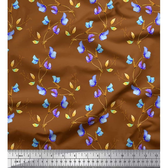 Soimoi Brown Cotton Duck Fabric Flower & Leaves Watercolor Print Fabric by the Yard 42 Inch Wide