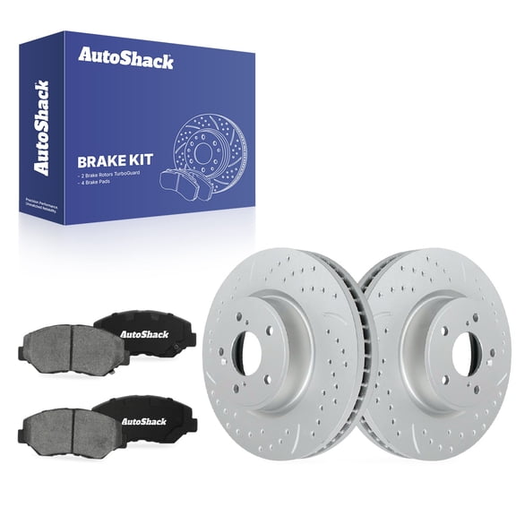 AutoShack Front Vented Drilled & Slotted Coated Brake Rotors Silver Matte Finish   Ceramic Pads 6-PC Brake Kit Replacement for 2003-2017 Honda Accord 2013-2021 Honda Civic TurboGuard 11.1" (282 mm)