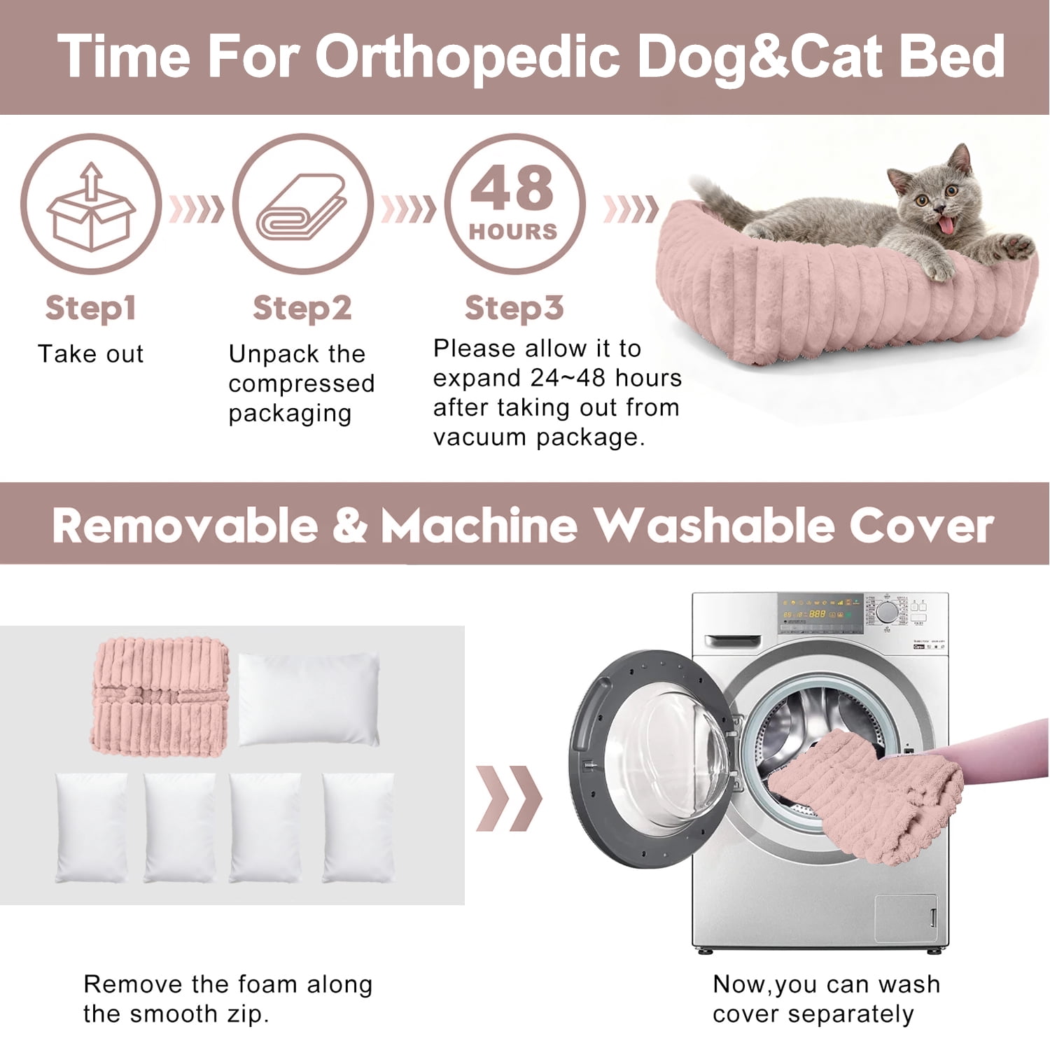 Sanmadrola Cat Bed for Indoor Cats Furry Corduroy Fleece Orthopedic Pet Bed Sofa Removable Washable Cover Non Skid Bottom, Pink