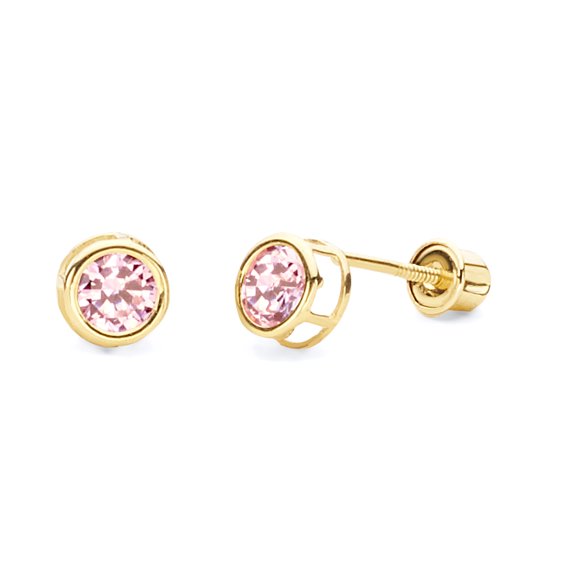 Wellingsale 14K Yellow Gold Polished 5mm Round Bezel Set Birth CZ Cubic Zirconia Stone Stud Earrings With Screw Back - October