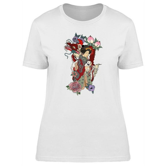 Vintage Geisha Girl With Cat T-Shirt Women -Image by Shutterstock, Female XX-Large