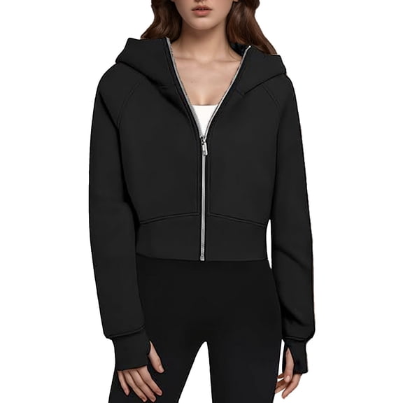Holzkary Women's 2025 Zip Up Y2K Hoodies Womens Zip Up Hoodie Cropped Sweatshirts Thumb Hole Jackets Cropped Casual Long Sleeve Sweatshirts Fall Spring Track Jackets with Pockets Black L