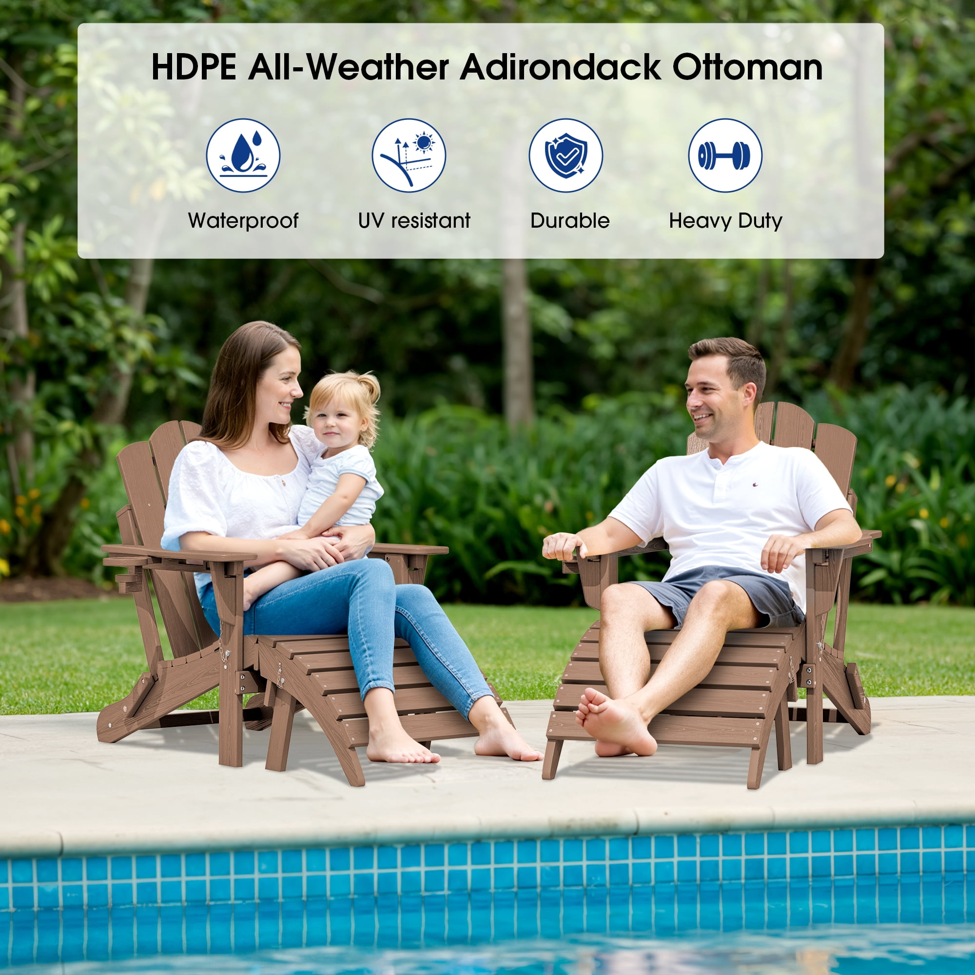 KINGYES Folding Adirondack Ottoman Set of 2, HDPE Outdoor Foot Rest, Plastic Adirondack Footstool for Adirondack Chairs, Brown
