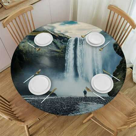 

Vinyl Fitted Round Table Cover with Elastic Black and White Checkered Tablecloth with Flannel Backing Plaid Table Cloth for Indoor Outdoor Picnic Party (Fit for Round Tables)