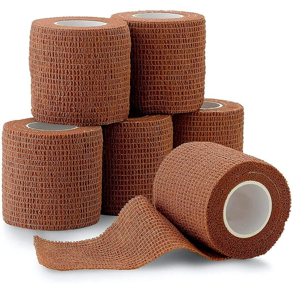 6 Pack, Self Adherent Cohesive Tape - 2" x 5 Yards, (Medium Tan Shade) Self Adhesive Bandage Rolls & Sports Athletic Wrap for Ankle, Wrist, Knee Sprains and Swelling Medium Tan 6 Count (Pack of 1)
