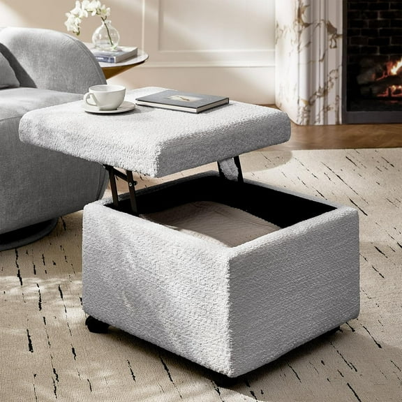 HULALA HOME Square Storage Ottoman with Lift Top, Sherpa Fabric Upholstered Ottoman Coffee Table, Large Footrest Stool Toy Box Storage for Bedroom Living Room, Grey