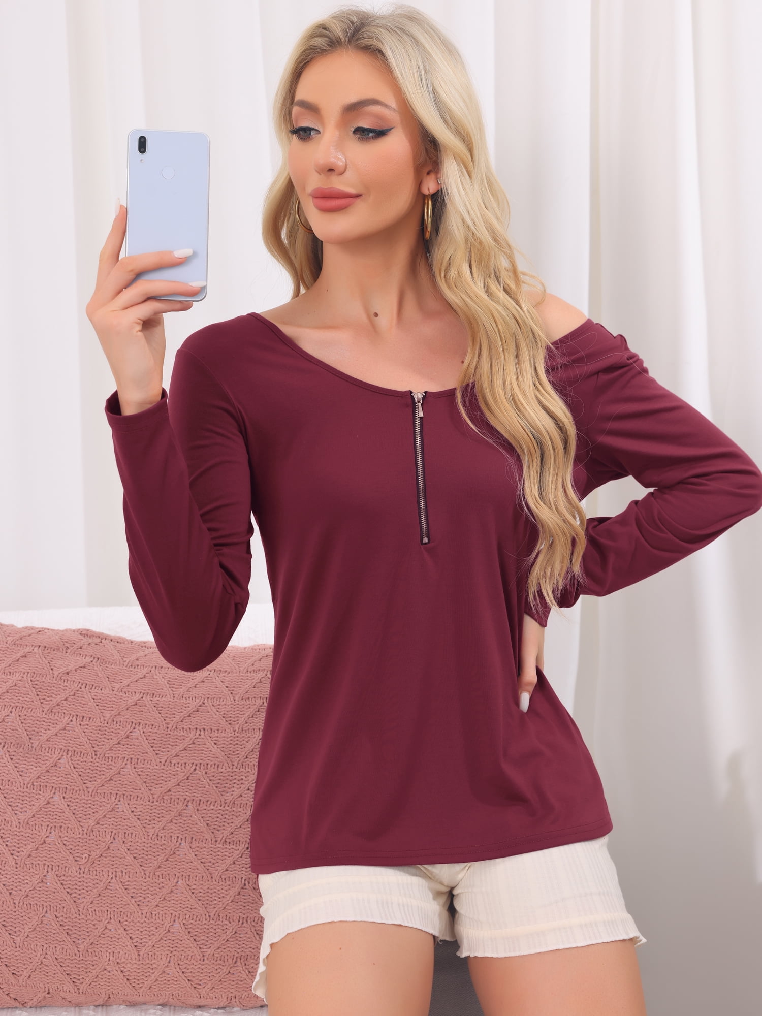 DARING DIVA Long Sleeves Pullover Solid Round Neck Pajama Tops XL Red