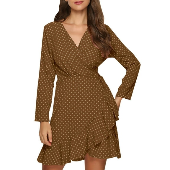 IROINNID Clearance Semi Formal Dress for Women Long Sleeve Wrap Dress V-neck Bandage High Waist Shirt Dress,Brown