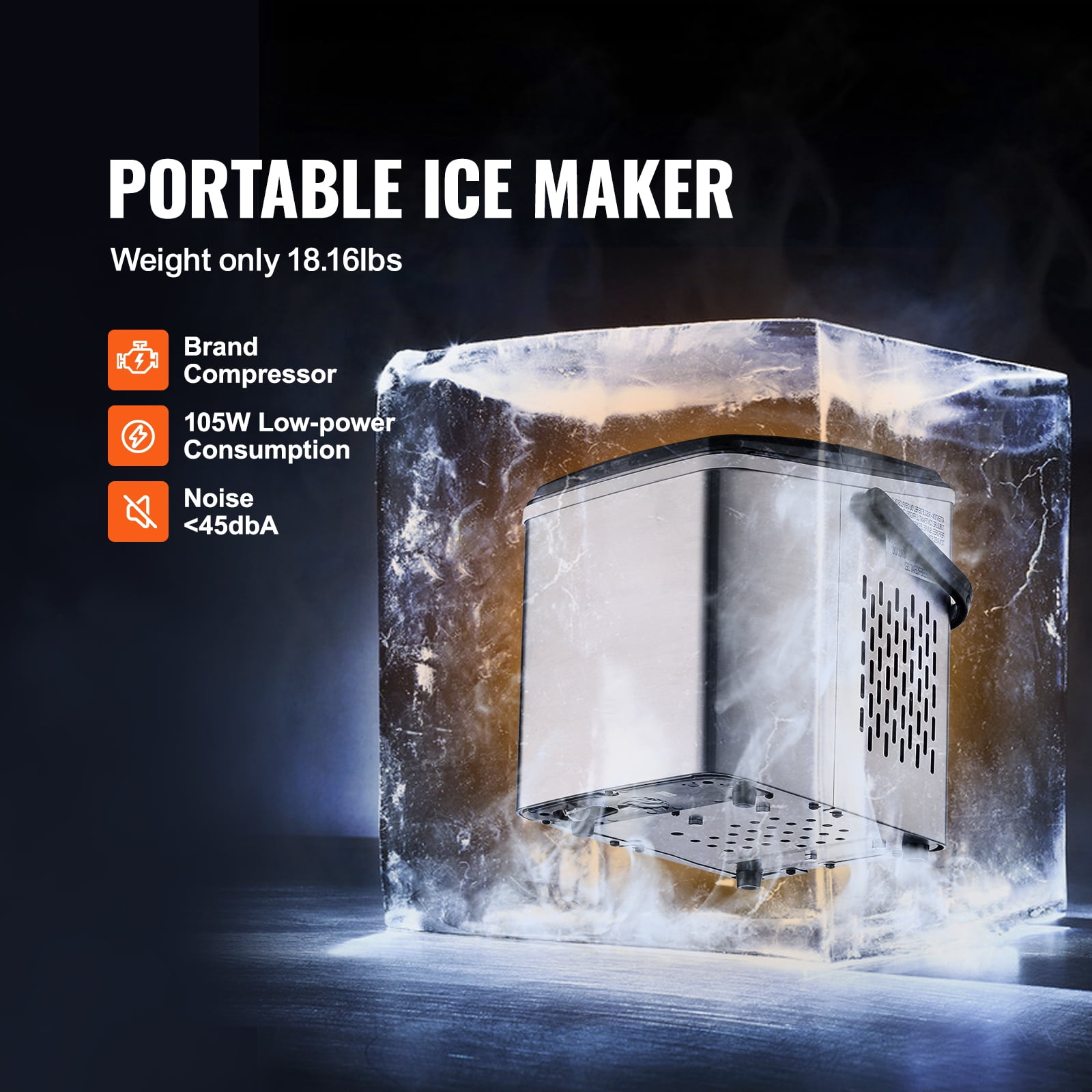 VEVOR Portable Countertop Clear Ice Maker Machine, Stainless Steel 26lbs/24hrs Portable Countertop Bullet Cubed Ice Maker