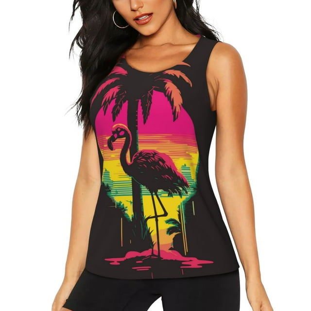 Balery Flamingo And Palm Trees At Sunset Camiseta sin mangas estampada ligera para mujer, tops de entrenamiento sin mangas, camisetas de yoga transpirables de secado rápido.-Large