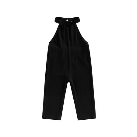 

Calsunbaby Kids Toddler Girls Calf-length Jumpsuit Snap Button Halter Open Back Solid Color Ribbed One-piece Playsuit Black 2-3 Years