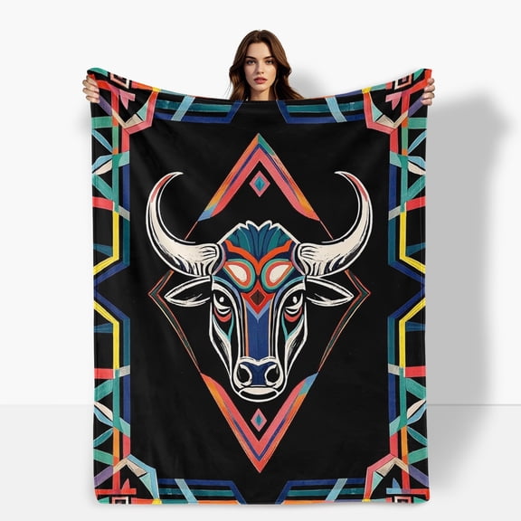 Buffalo Design Rectangular Colorful Wall Hanging Flannel Blanket Soft Warm Comfortable For Sofa Bed Travel Camping Living Room Office Chair Polyester Fiber Gift For Family Or Friends