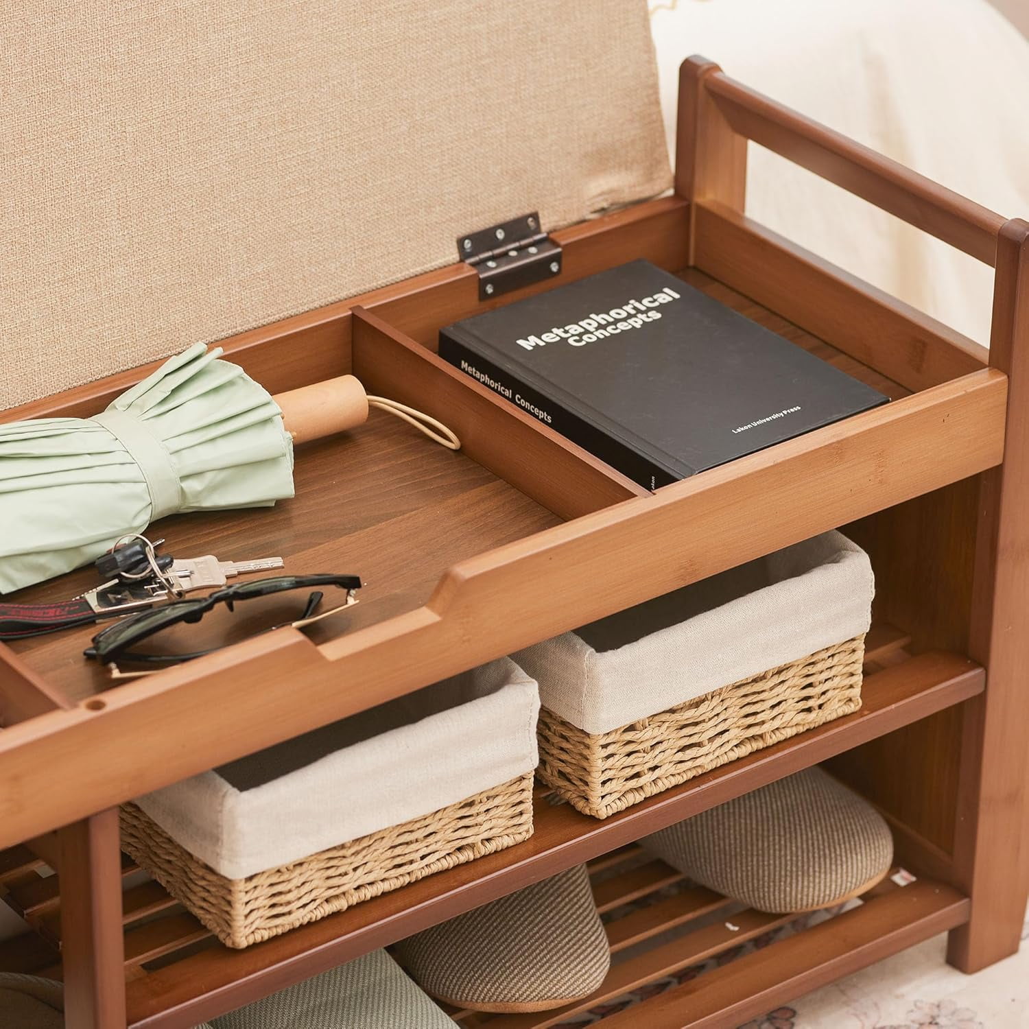 AOPEC 31.5" Bamboo Shoe Rack Bench with Storage, 3-Tier Entryway Bench with Thick Cushion, Flip-Top & Side Baskets, Holds Up to 550 LBS for Hallway, Living Room, Bedroom