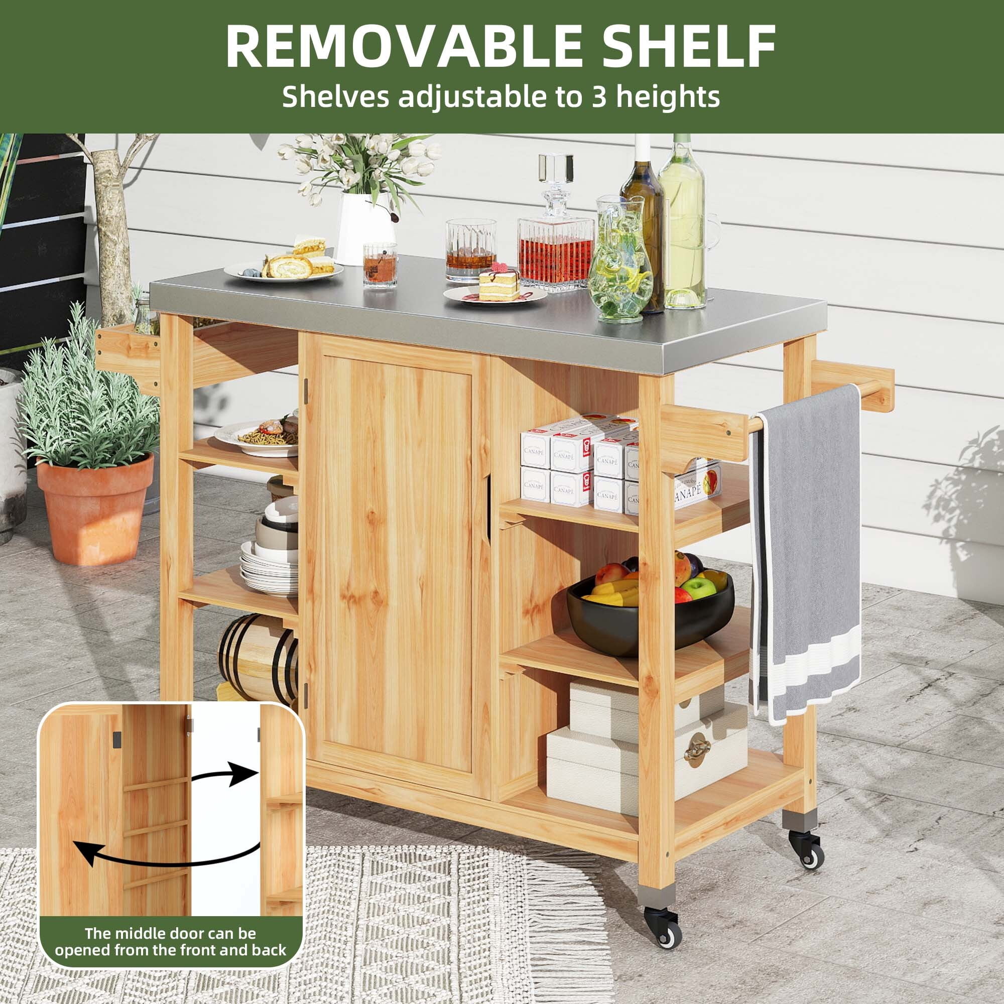 Uforic Wood Kitchen Storage Cart with Stainless Steel Table, Outdoor Grill Cart with Storage, Natural