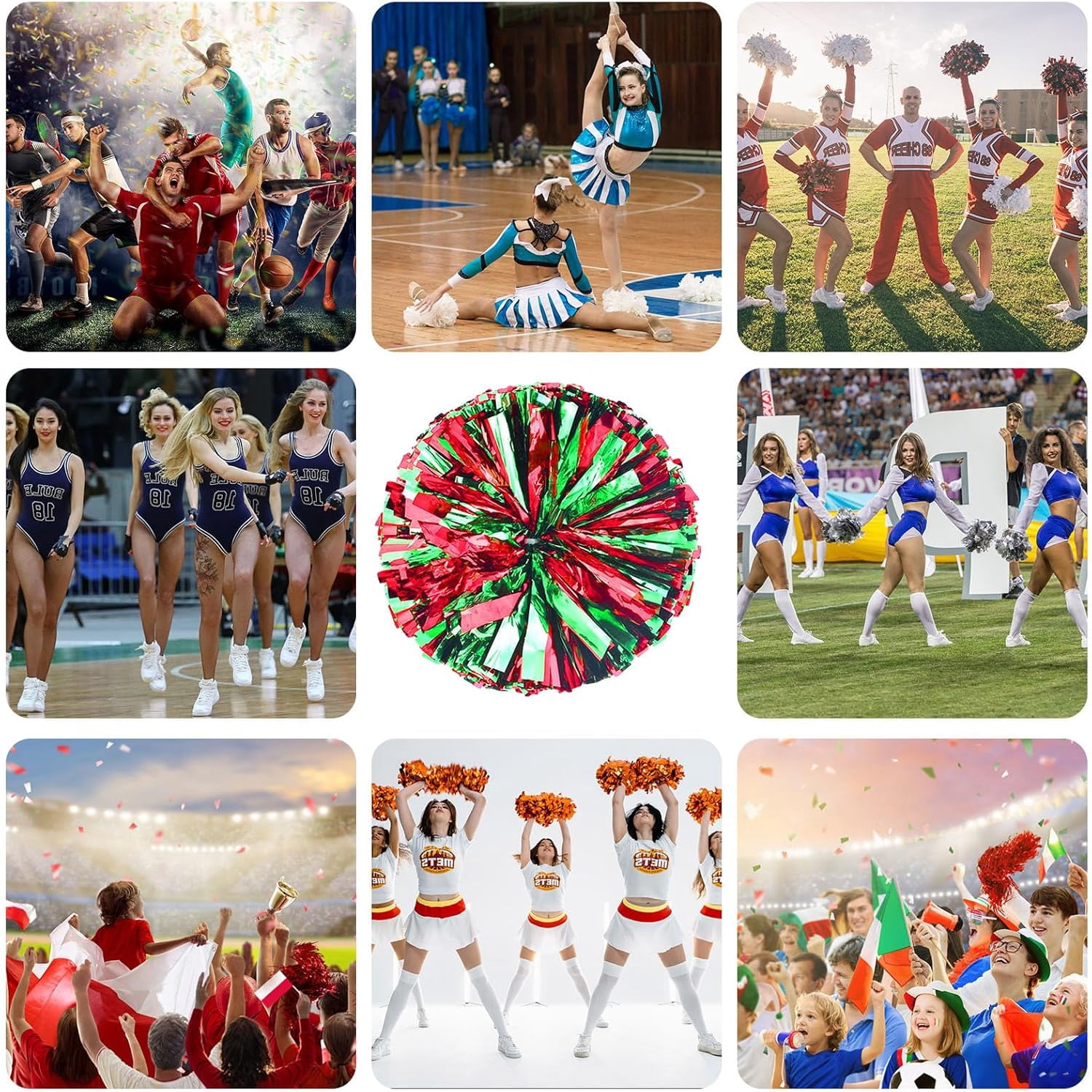 Cheerleader Pom Poms 12 Pack Sports Dance Cheering Plastic Metallic Cheerleading Pom Poms for Kids Adults