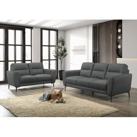 Modern Anthracite Gray Top Grain Leather 2pc Sofa Set (82"x37"x34"H) for Living Room