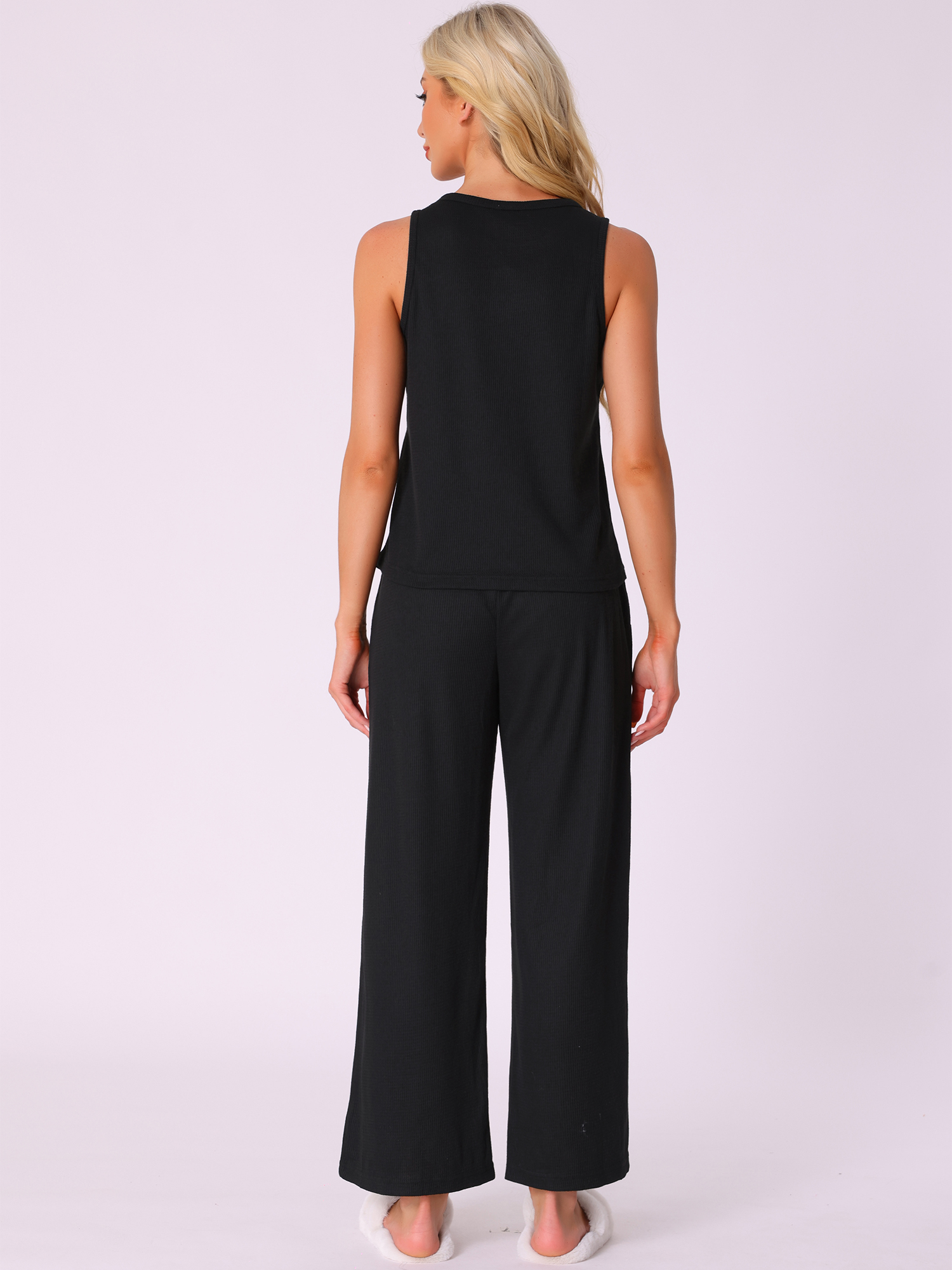 DARING DIVA Tank Pajama Waffle Knit Wige Leg Pants 2 Piece Lounge Set M Black