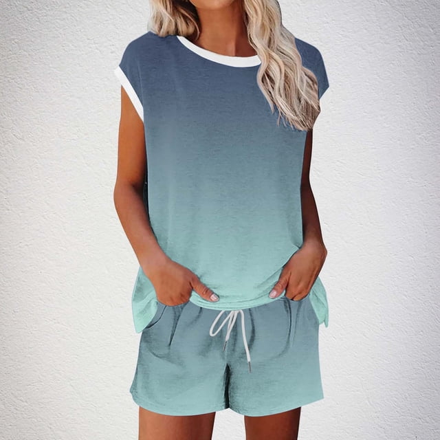 Aqestyerly Ensemble Sans Manches à Cordon en Solde, Haut à Col Rond Imprimé et Pantalon à Cordon pour Usage Quotidien/bleu Clair (L)