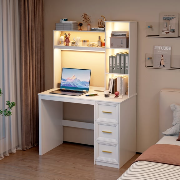 VKCC Computer Desk with LED Light and Charging Station,Home Office Desk with Hutch and Drawers,Writing Table for Bedroom Study Room,White
